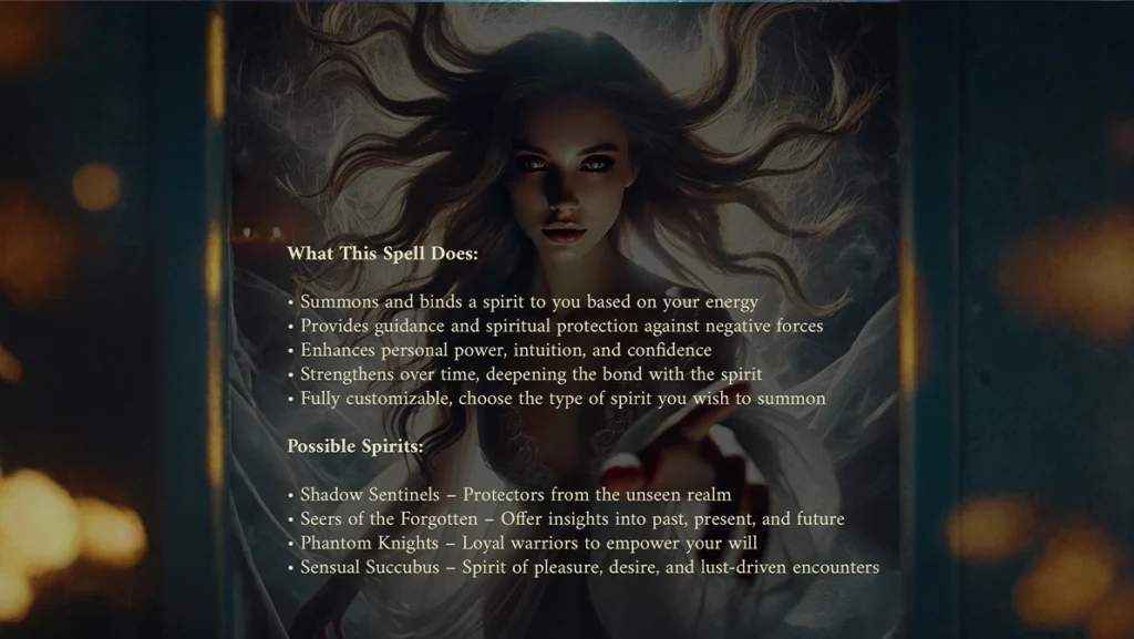 A mystical female spirit with flowing hair and glowing eyes reaches out in an ethereal setting. The image features an overlay of text detailing a Spirit Companion Spell, which allows summoning and bonding with different types of spiritual entities, including protectors, seers, warriors, and succubi. The warm, enchanted lighting and soft magical glow enhance the supernatural and mysterious ambiance.
