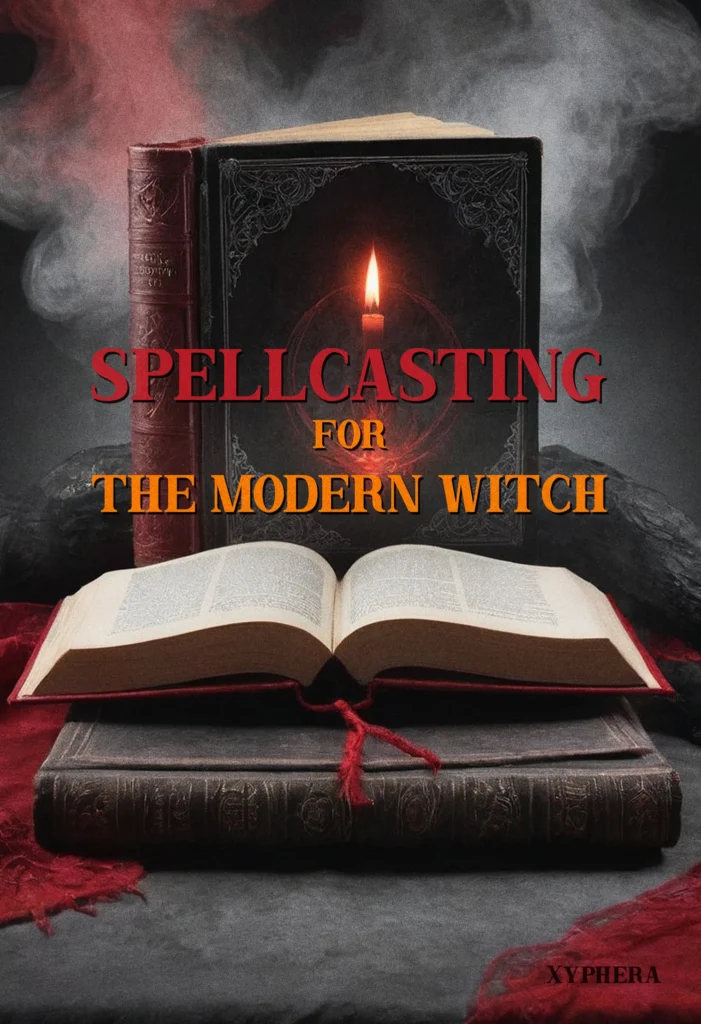 An atmospheric book cover for: Spellcasting for the Modern Witch. Image featuring a flickering candle set against an ornate grimoire and swirling smoke. Evoking the mystery of arcane practices, the scene underscores the fusion of classic witchcraft traditions with contemporary magic in this in-depth guide.
