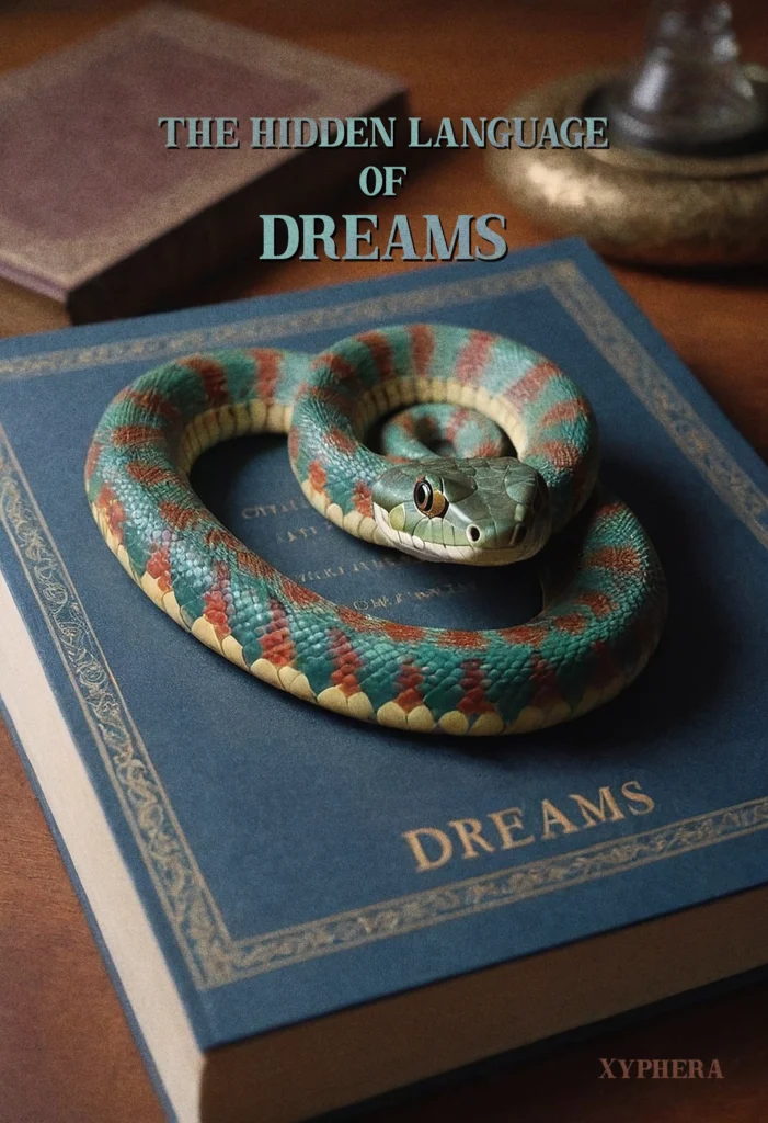 A vibrant, patterned snake coils atop a book of dreams, in this evocative book cover for The Hidden Language of Dreams. Symbolizing esoteric wisdom and the mysteries of the subconscious, this striking image reflects the book’s deep exploration of dream interpretation, hidden messages, and spiritual insights.