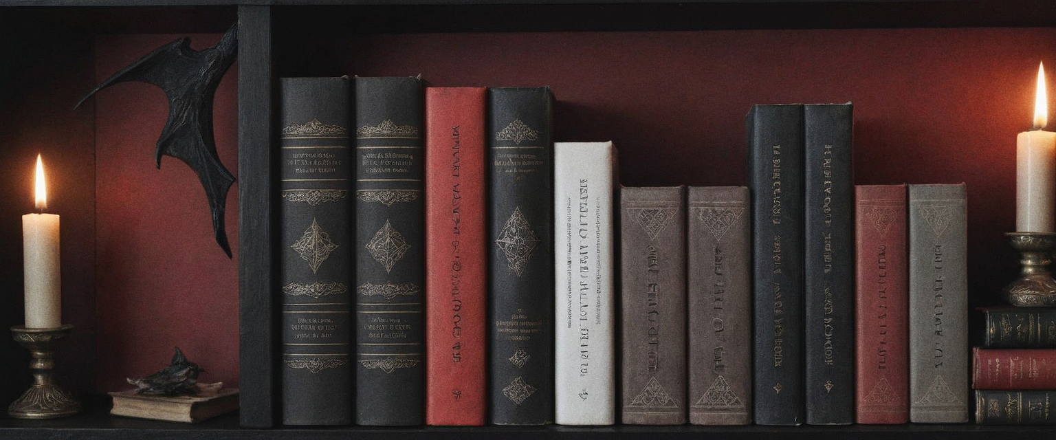 bookshelf with occult and witchcraft books, in a mystical, dark and mysterious setup, advertising an online store of books on spirituality, dream interpretation, recipes for magic rituals and spells, spiritual guidance