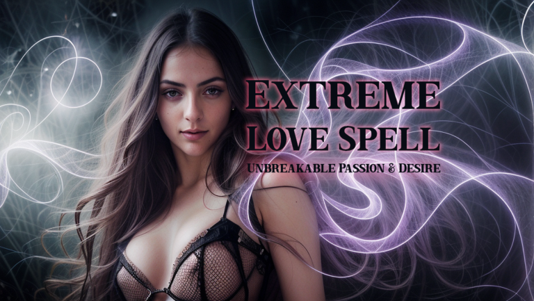 A captivating woman with long flowing hair, radiating magnetic energy, surrounded by glowing ethereal love auras. Mystical swirling energy represents the intensity of an Extreme Love Spell, symbolizing unbreakable passion, deep desire, and powerful attraction. The text highlights the spell’s effect on creating irresistible love and devotion.