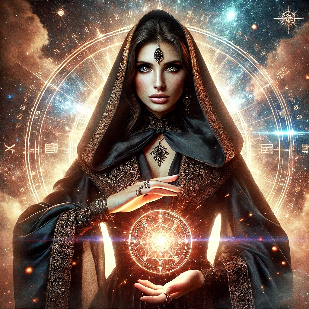 A powerful and confident mystical woman standing before a glowing ethereal portal, channeling energy through her hands. Dressed in an elegant dark cloak with golden accents, she radiates spiritual mastery and cosmic power. The celestial background, sacred symbols, and mysterious atmosphere evoke transformation, manifestation, and deep esoteric wisdom. A high-end, professional visual perfect for a premium spiritual service website.