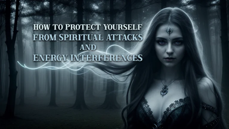 A mystical and ethereal woman standing in a dark, enchanted forest, surrounded by glowing protective energy symbols. Her eyes emit a supernatural light, representing spiritual awareness and defense against unseen forces. The atmosphere is both mysterious and powerful, symbolizing protection against spiritual attacks and interferences.