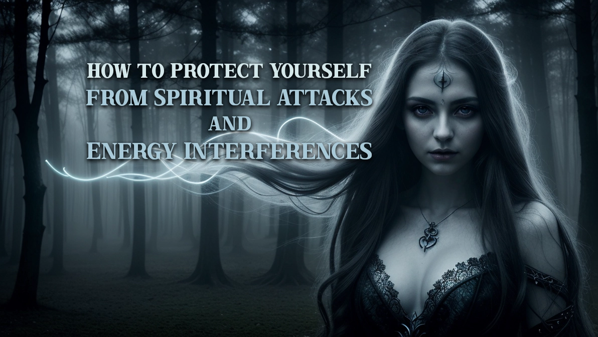 A mystical and ethereal woman standing in a dark, enchanted forest, surrounded by glowing protective energy symbols. Her eyes emit a supernatural light, representing spiritual awareness and defense against unseen forces. The atmosphere is both mysterious and powerful, symbolizing protection against spiritual attacks and interferences.