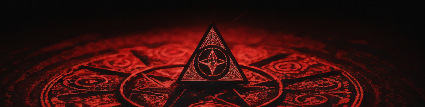 red and black witchcraft artifact with magic symbol and abstract pyramid design