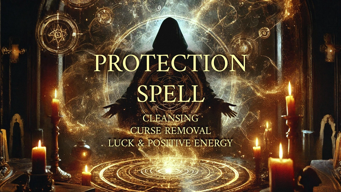 Hooded mystical figure performing a powerful protection spell, surrounded by glowing sigils, candles, and ancient magical symbols. The scene represents cleansing, curse removal, and attracting luck and positive energy.
