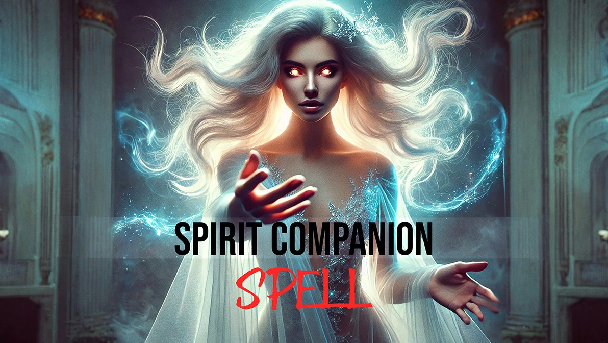 A mystical and powerful female spirit with glowing eyes reaches forward, surrounded by swirling blue energy. Her flowing white gown and ethereal hair create an enchanting and supernatural presence. Set in an ancient temple-like environment, the image conveys mystery, divine connection, and spiritual manifestation. The overlay text reads 'Spirit Companion Spell,' emphasizing the theme of summoning and bonding with a spiritual entity.