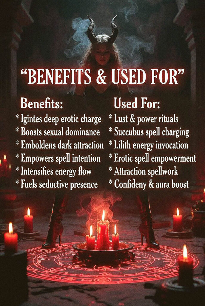 Fuck A Demon Spell benefits poster with horned demoness figure, red candle ritual circle, dark occult atmosphere, succubus energy invocation, Lilith-inspired lust ritual, erotic spell empowerment, sexual confidence, seductive presence, dark attraction magic, and aura boost spellwork.