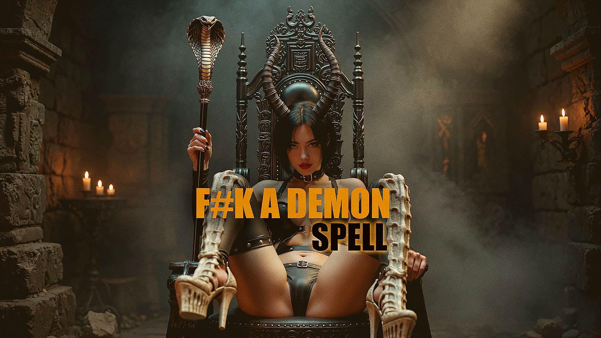 Dark cinematic Fuck a Demon Spell poster with seductive demon queen on gothic throne, snake staff, bone throne details, candles, dungeon atmosphere, occult fantasy energy, lust demon ritual theme, dark desire magic, supernatural seduction, and erotic demon spellcasting concept.