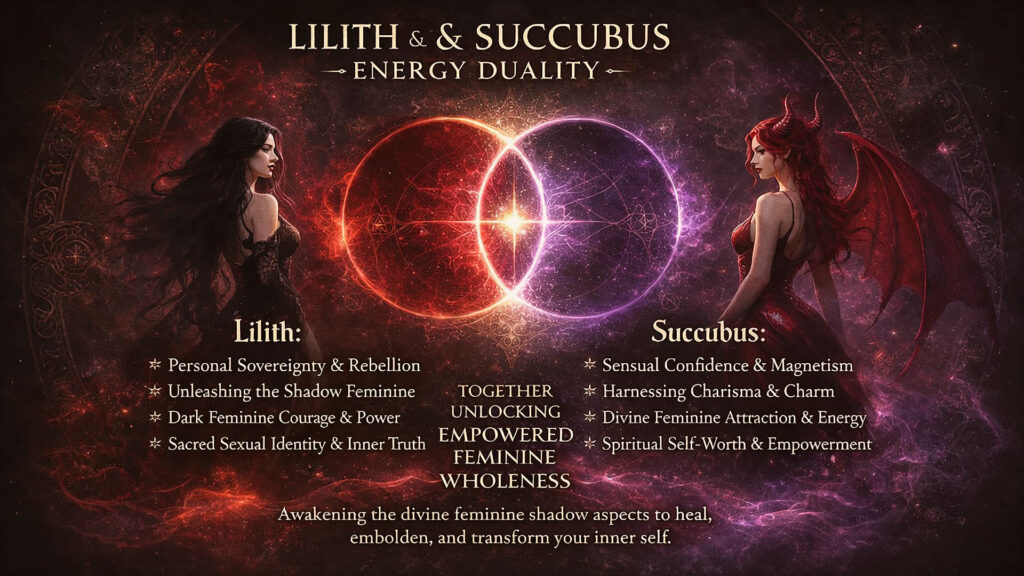 Lilith and Succubus energy duality spell image with dark feminine empowerment, shadow feminine awakening, sensual confidence, personal sovereignty, spiritual self-worth, divine feminine attraction, occult ritual symbolism, red and purple mystical energy, and empowered feminine wholeness.