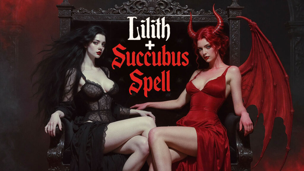 Lilith and Succubus Spell image with dark gothic demoness figures, red succubus wings, seductive occult fantasy energy, Lilith-inspired lust magic, succubus attraction ritual, erotic confidence spellcasting, dark feminine power, spiritual seduction, and adult desire magic.