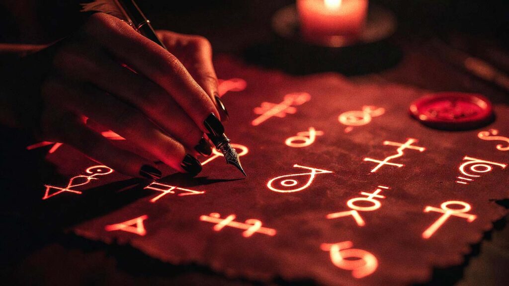 Close-up of a woman’s hand writing glowing erotic sigils on dark parchment by candlelight, red wax seal, black nail polish, sensual fingers with black nails, dramatic side lighting, moody red and black color palette, intimate and powerful atmosphere, photorealistic, no text readable, no logos