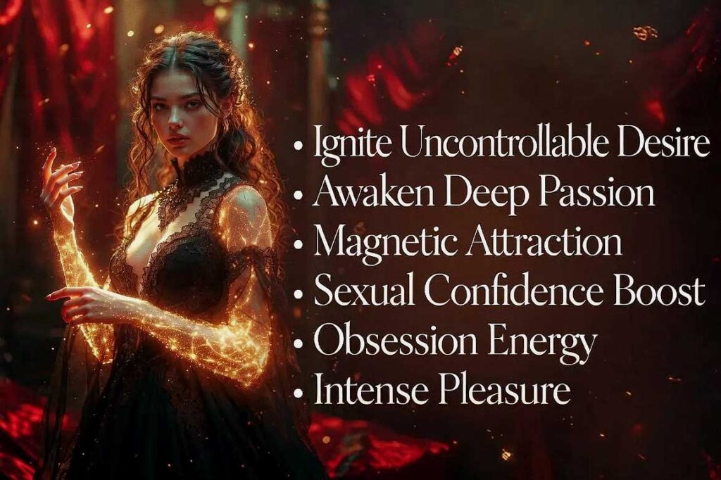 Dark Desire Summoning Spell benefits - ignite uncontrollable desire, awaken deep passion, magnetic attraction, sexual confidence boost, obsession energy and intense pleasure with powerful seductive sorceress glowing with golden erotic magic