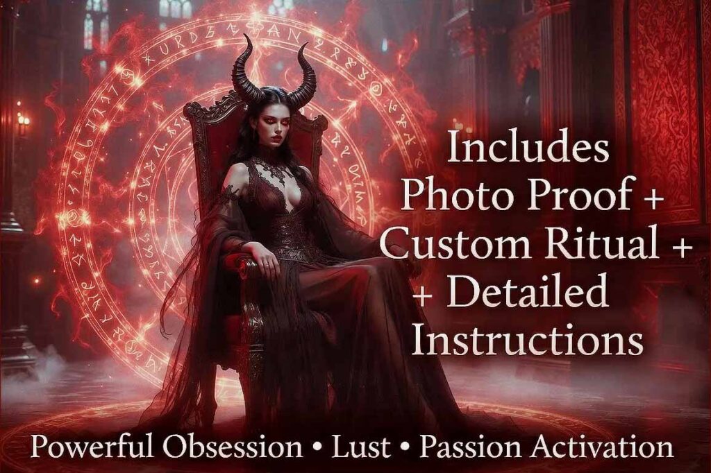 Dark Desire Summoning Spell ritual with photo proof - powerful succubus queen performing custom obsession lust and passion activation in a dark throne room with glowing red magic circle, includes custom ritual and detailed instructions