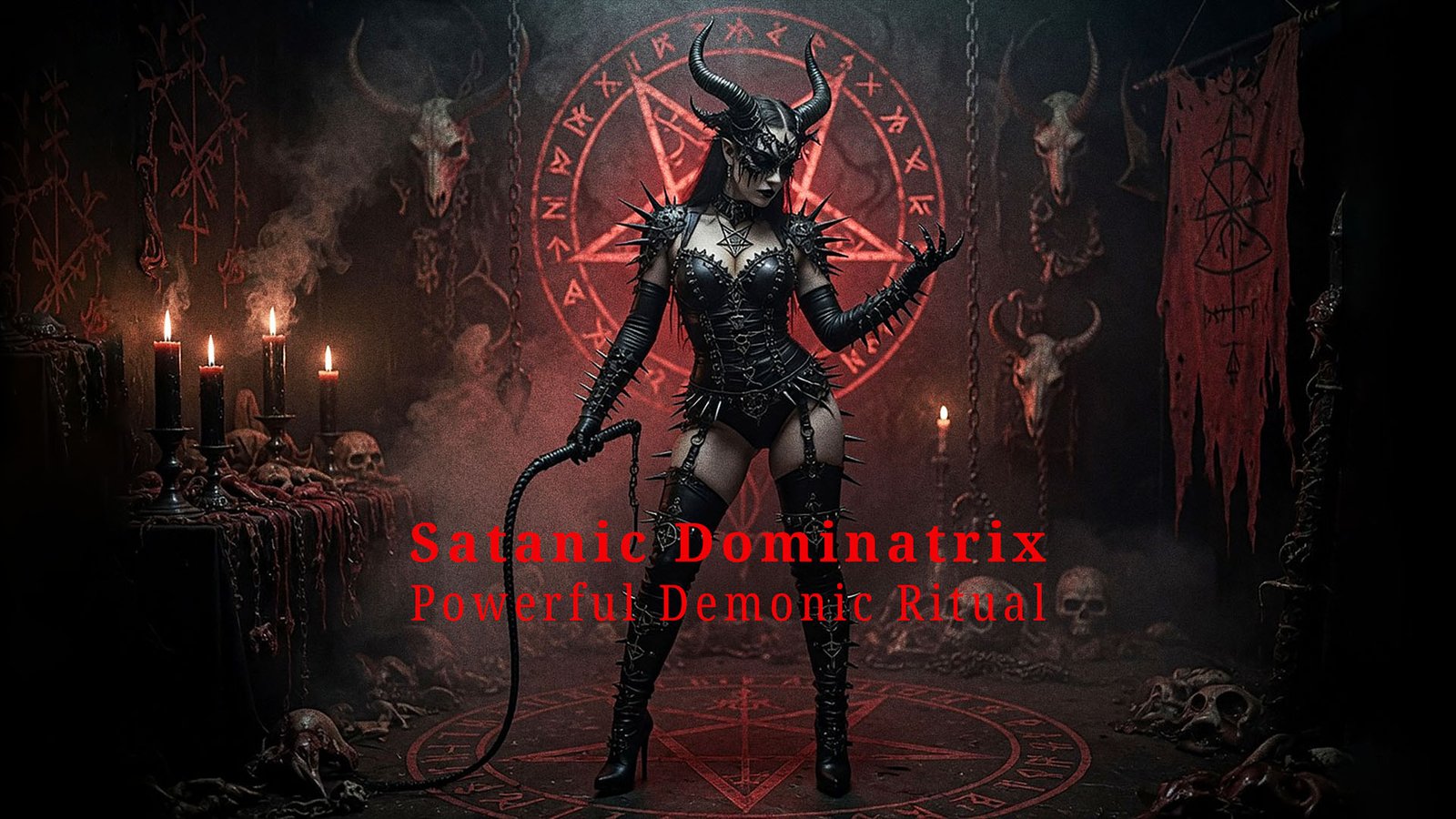 Satanic Dominatrix in spiked black leather corset and thigh-high boots holding a whip during a powerful demonic ritual, standing on a glowing red pentagram surrounded by skulls, candles and occult symbols in a dark black magic chamber