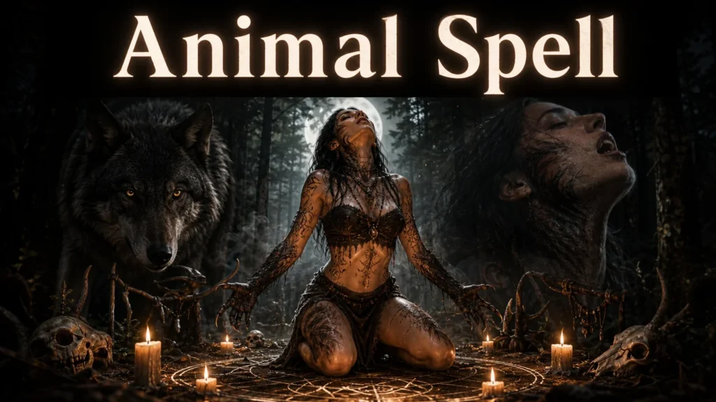 Woman kneeling on the ground with black markings on her body, surrounded by lit candles in a forest at night, with a wolf on the left and a close-up of the woman's face on the right, under the text Animal Spell.