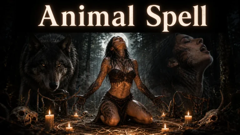 Woman kneeling on the ground with black markings on her body, surrounded by lit candles in a forest at night, with a wolf on the left and a close-up of the woman's face on the right, under the text Animal Spell.