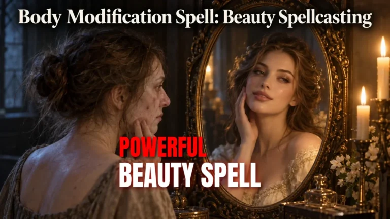 A woman with messy hair and acne looks at herself in an ornate mirror, where her reflection appears as a flawless, beautifully dressed version of herself. The scene includes candles and flowers near the mirror.