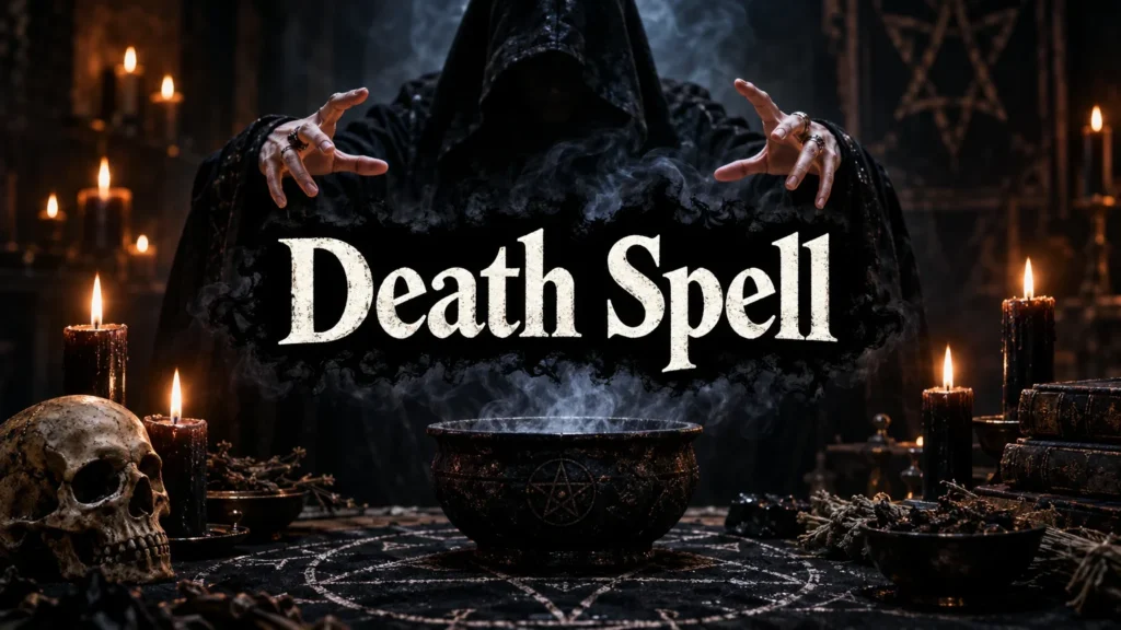A hooded figure with hands raised over a black bowl emitting smoke on a pentagram chalk drawing, surrounded by black candles, a skull, dried herbs, and ancient books.