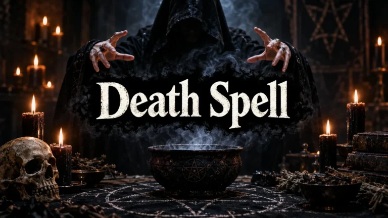 A hooded figure with hands raised over a black bowl emitting smoke on a pentagram chalk drawing, surrounded by black candles, a skull, dried herbs, and ancient books.