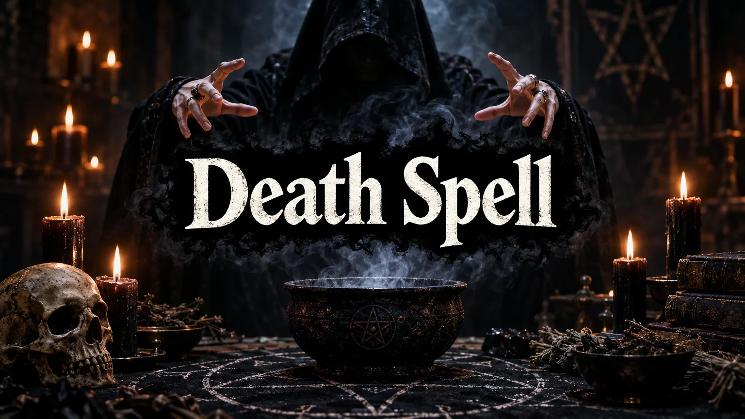 A hooded figure with hands raised over a black bowl emitting smoke on a pentagram chalk drawing, surrounded by black candles, a skull, dried herbs, and ancient books.