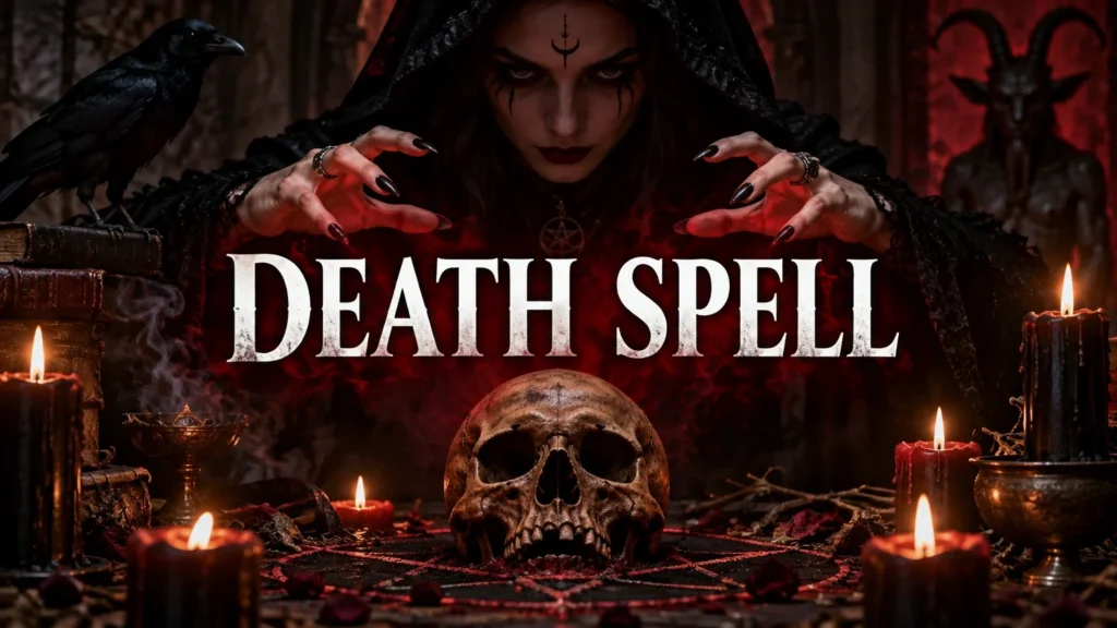 A person with dark makeup and hood, holding hands above a human skull on a pentagram with lit candles and a black crow nearby, text reads "Death Spell"