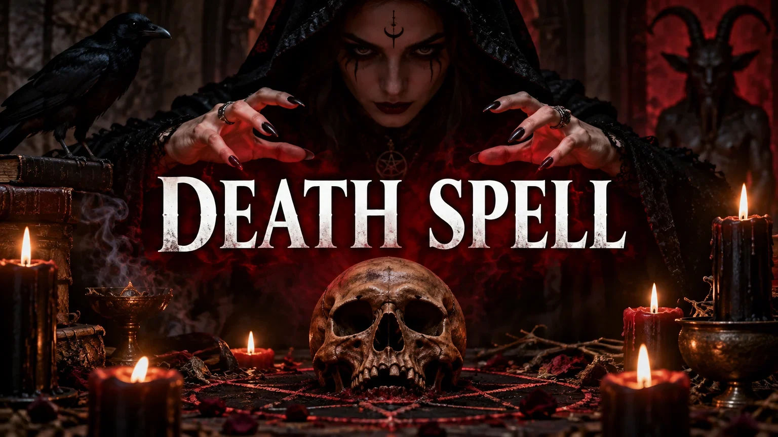 A person with dark makeup and hood, holding hands above a human skull on a pentagram with lit candles and a black crow nearby, text reads "Death Spell"