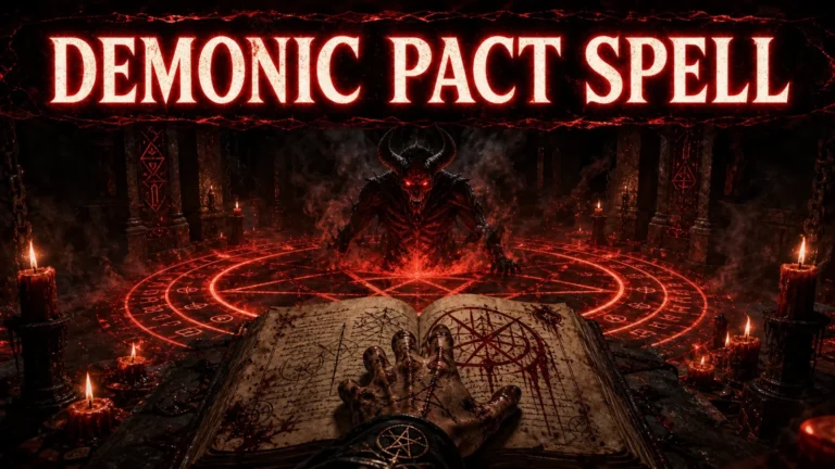 A dark, demonic scene with a large, eerie book opened on a stone altar covered with occult symbols and blood. A hand with stitched scars rests on the book. In the background, a glowing demonic figure with horns emerges from a red glowing pentagram circle surrounded by lit candles and ancient stone pillars with red runes. The text reads DEMONIC PACT SPELL in large, glowing red letters.