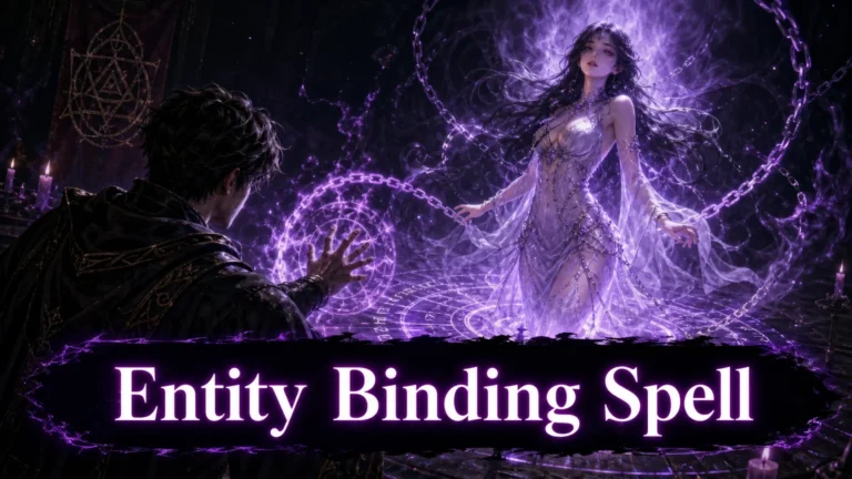 A man in dark cloak casting a purple magical chain binding spell on a glowing ethereal woman surrounded by magical symbols and candles in a dark mystical setting.