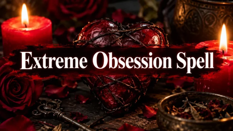 A dark scene with a heart wrapped in barbed wire, two red lit candles, a vintage key, red roses, and a bowl with dried herbs on a rough surface. Text in white on a red brushstroke reads 'Extreme Obsession Spell'.