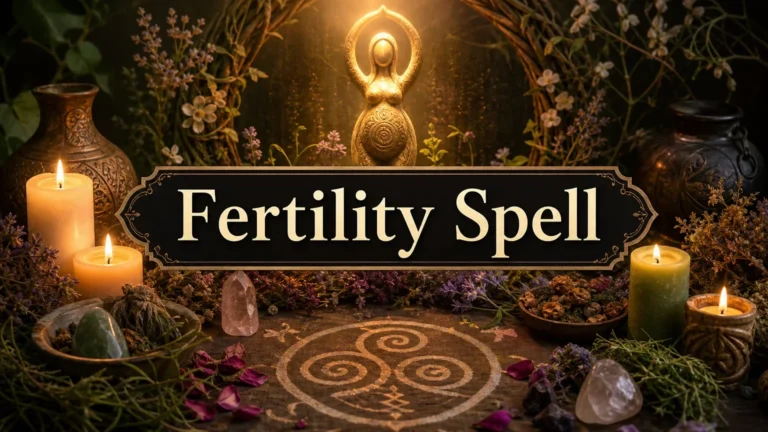 A rustic altar with candles, flowers, crystals, herbs, and a carved figurine of a pregnant woman, with the text 'Fertility Spell' in the center above a circular triple spiral symbol on a cloth.