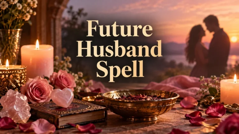 Table with candles, pink roses, crystals, a heart-shaped stone, a book, and a golden bowl filled with red items, with a blurred romantic couple in the background at sunset and the text "Future Husband Spell".