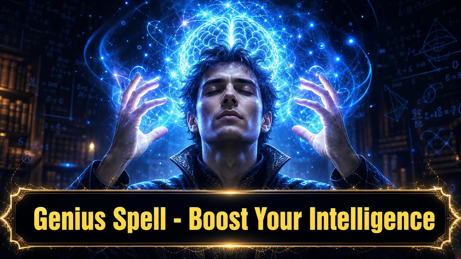 Young man with closed eyes and raised hands, surrounded by glowing blue brain and energy graphics, in a dark room filled with books and mathematical formulas, with the text 'Genius Spell - Boost Your Intelligence' in yellow.