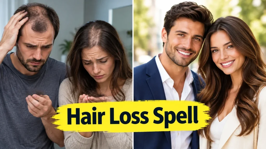 Side-by-side images showing hair loss and healthy hair. Left side: worried man and woman looking at hair strands in their hands, both suffering from hair loss. Right side: smiling man and woman with full, healthy hair standing close together outdoors. Yellow banner with text "Hair Loss Spell" overlays the center.