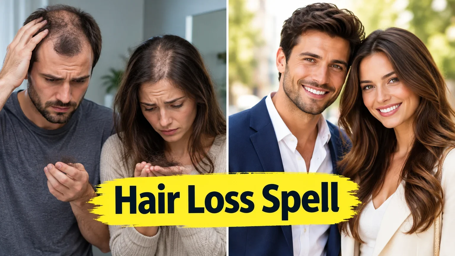 Side-by-side images showing hair loss and healthy hair. Left side: worried man and woman looking at hair strands in their hands, both suffering from hair loss. Right side: smiling man and woman with full, healthy hair standing close together outdoors. Yellow banner with text "Hair Loss Spell" overlays the center.