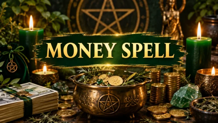 Table with money, gold coins, green candles, crystals, and a brass cauldron with a pentagram symbol, with the text 'MONEY SPELL' overlaid.