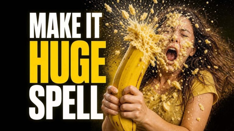 A beautiful girl holding a very large banana that is bursting with a splatter of banana chunks and liquid in their face, with the text "MAKE IT HUGE SPELL" in bold white and yellow letters on a black background, representing a Penis Enlargement Spell.