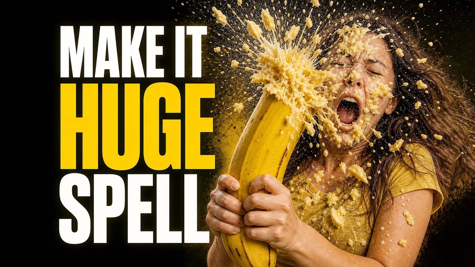 A beautiful girl holding a very large banana that is bursting with a splatter of banana chunks and liquid in their face, with the text "MAKE IT HUGE SPELL" in bold white and yellow letters on a black background, representing a Penis Enlargement Spell.