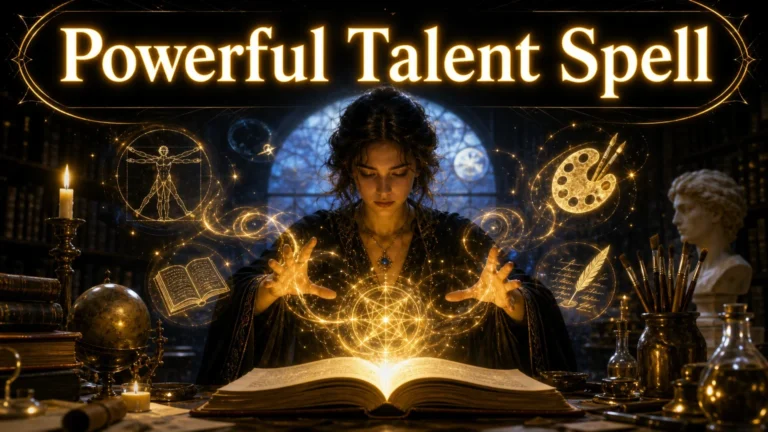 A woman raising her hands over an open glowing book with magical golden symbols and spell effects showing art, writing, and anatomy icons, with the text Powerful Talent Spell above her.