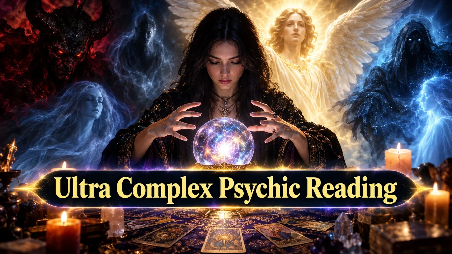 A woman with dark hair is holding her hands above a glowing crystal ball on a table covered in tarot cards. Behind her are an angel with wings and golden light, a red demon with glowing eyes, shadowy ghostly figures, candles, and mystical objects. Text below reads "Ultra Complex Psychic Reading."