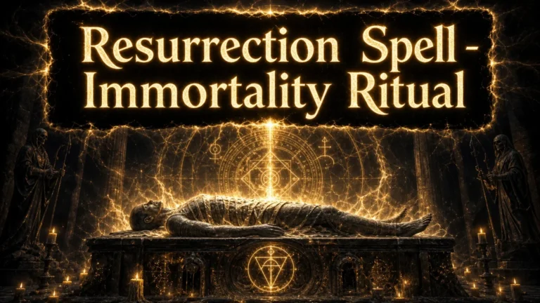 A glowing magical ritual scene with a wrapped figure lying on a stone altar surrounded by glowing mystical symbols and candles, flanked by two hooded skeletal figures holding staffs, with the text 'Resurrection Spell - Immortality Ritual' glowing above.