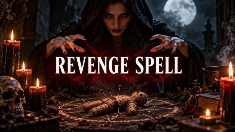 Person in dark cloak casting a spell over a voodoo doll pinned with pins on a ritual circle, surrounded by lit candles, a skull, and a full moon in the background. Text reads Revenge Spell.