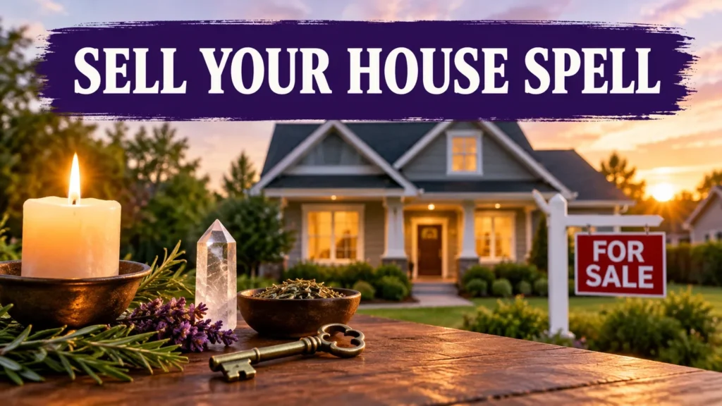 A wooden table with a lit candle, a crystal, herbs, a vintage key, and lavender sprigs in the foreground, a house with lights on and a for sale sign in the yard at sunset in the background, and text above that reads SELL YOUR HOUSE SPELL.
