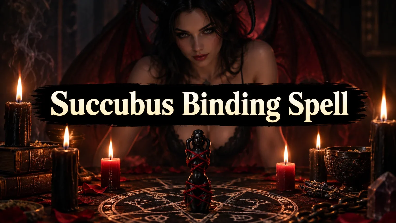 Succubus with dark hair and red wings leaning over a table with a pentagram and candles, featuring a black figurine wrapped in red string in the center, with the text 'Succubus Binding Spell' across the image.