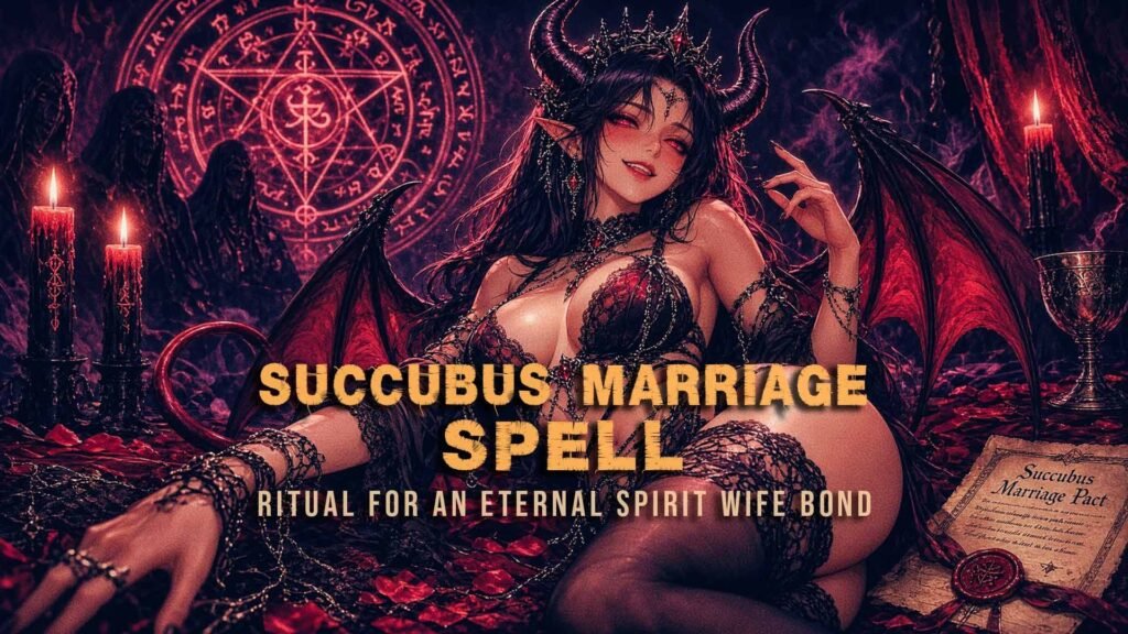 A dark fantasy scene featuring a seductive female succubus demon with horns, wings, and a crown lying on a bed of rose petals, surrounded by lit candles, dark-robed figures, and a mystical pentagram symbol on the wall. A parchment labeled "Succubus Marriage Pact" is on the floor nearby. Text reads "Succubus Marriage Spell Ritual for an Eternal Spirit Wife Bond."