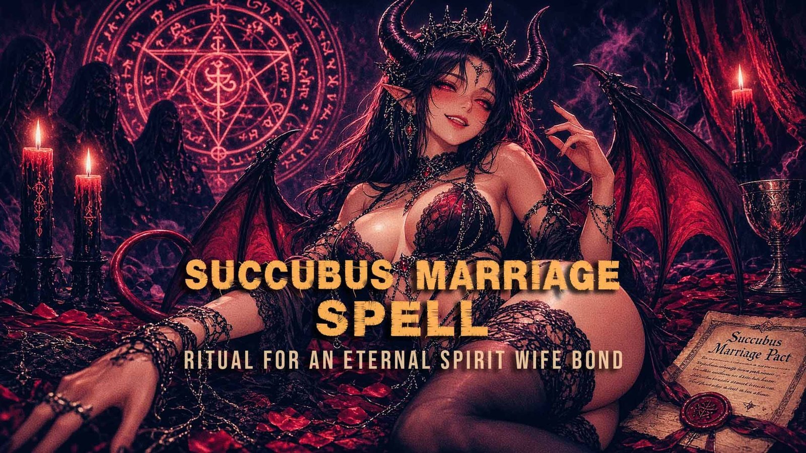A dark fantasy scene featuring a seductive female succubus demon with horns, wings, and a crown lying on a bed of rose petals, surrounded by lit candles, dark-robed figures, and a mystical pentagram symbol on the wall. A parchment labeled "Succubus Marriage Pact" is on the floor nearby. Text reads "Succubus Marriage Spell Ritual for an Eternal Spirit Wife Bond."