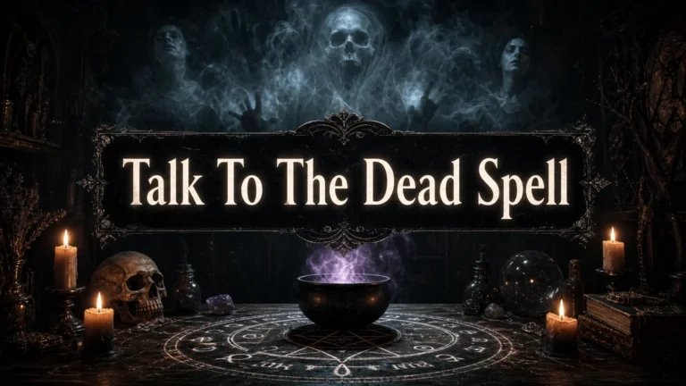 A dark mystical scene with a glowing pentagram and symbols on a wooden table surrounded by lit candles, a skull, crystals, books, potion bottles, and a black cauldron emitting purple smoke. Ghostly figures and a skull face appear in the smoke above. The text 'Talk To The Dead Spell' is prominently displayed in the center.