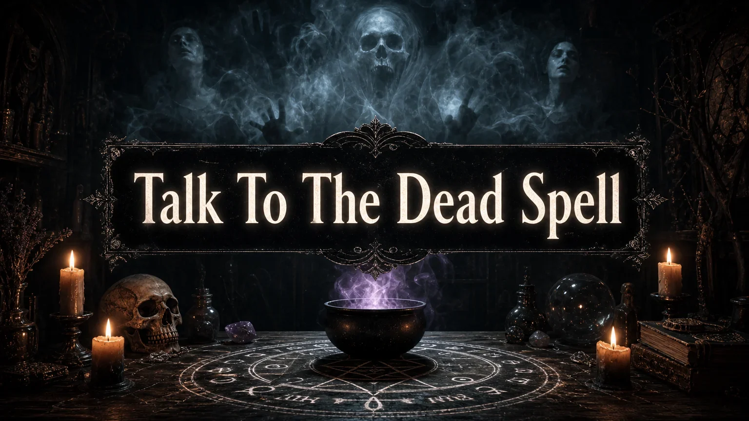 A dark mystical scene with a glowing pentagram and symbols on a wooden table surrounded by lit candles, a skull, crystals, books, potion bottles, and a black cauldron emitting purple smoke. Ghostly figures and a skull face appear in the smoke above. The text 'Talk To The Dead Spell' is prominently displayed in the center.