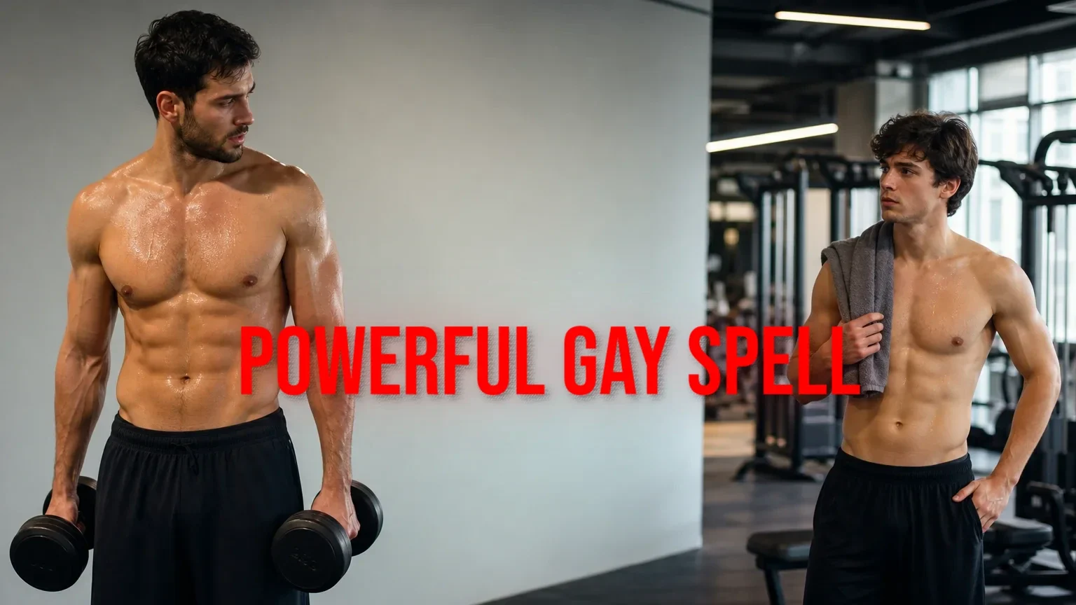 Two shirtless men in a gym. One man on the left is holding dumbbells and looking at the other man. The man on the right has a towel over his shoulder and is looking back at the first man. Both are muscular and sweaty. Gym equipment is visible in the background.