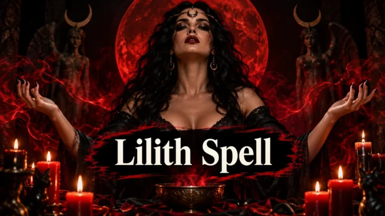 A woman with dark curly hair and bold makeup raises her hands, surrounded by red smoke and lit red candles, with two statues behind her and a large red moon in the background. Text in front says Lilith Spell.